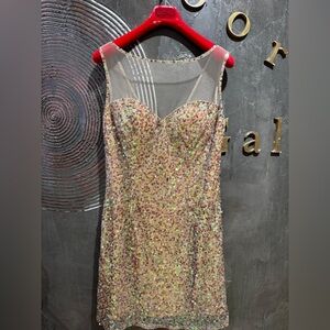 Holiday party ready Jovani pink & gold sequin mini dress size 14